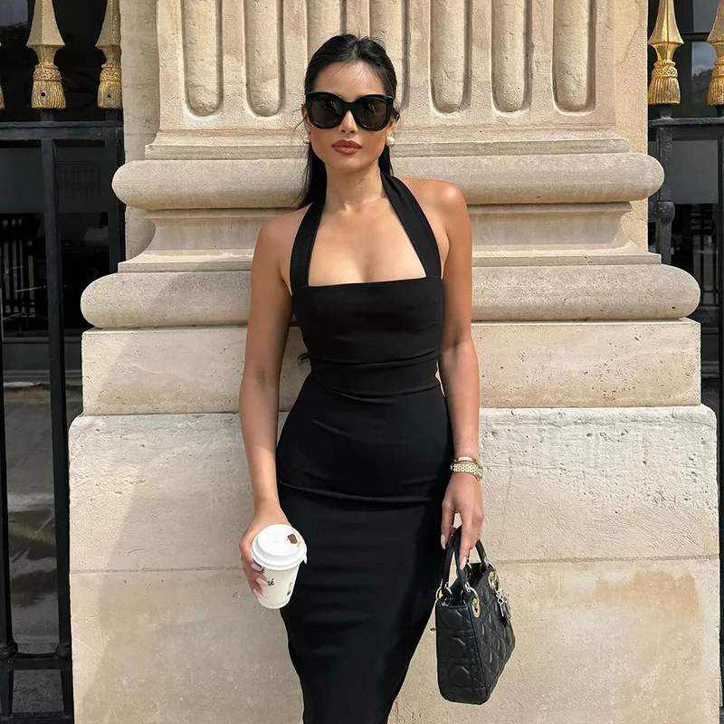 One-Shoulder Bodycon Black Evening Dress For Women Sexy Backless Sleeveless Neck-Mounted Long Party Dress Female Elegant