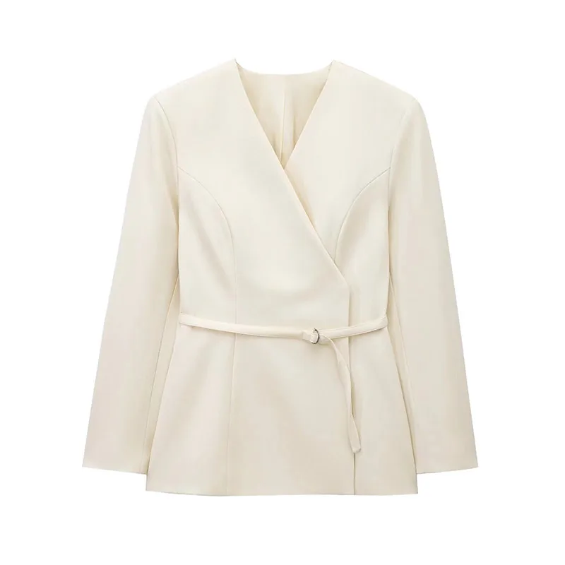 Slim Belt Blazer Coat For Women V Neck Buckle Long Sleeve Solid Suit Jacket 2025 Spring Lady Commute High Waisted Outwear New