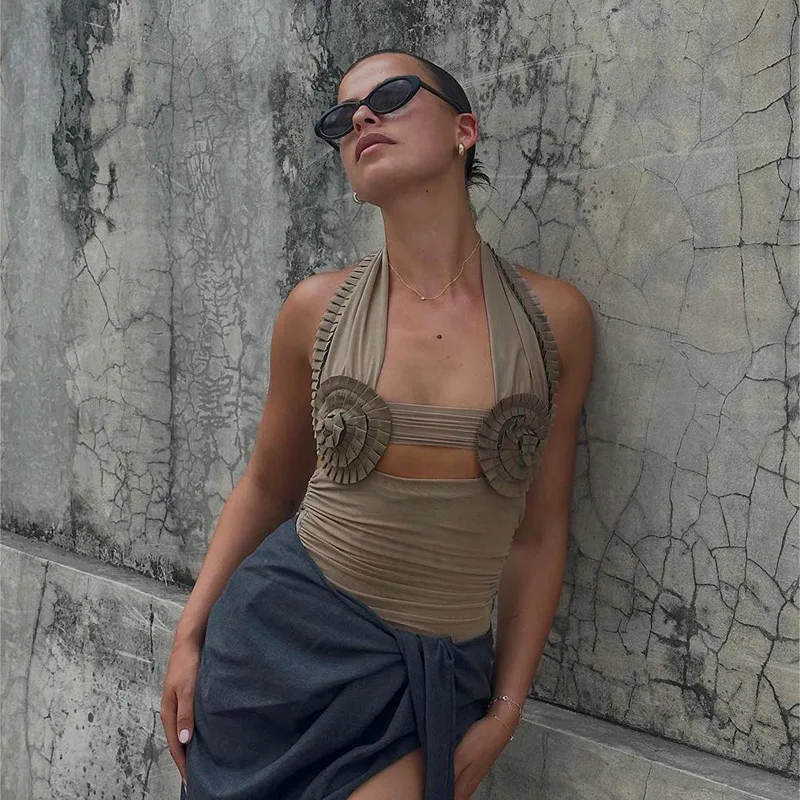 Folds Sunflower Tank Top Women Mesh Bodycon Sleeveless Slim Crop Tops Ladies Club Party Sexy Backless Bandage Vest Woman