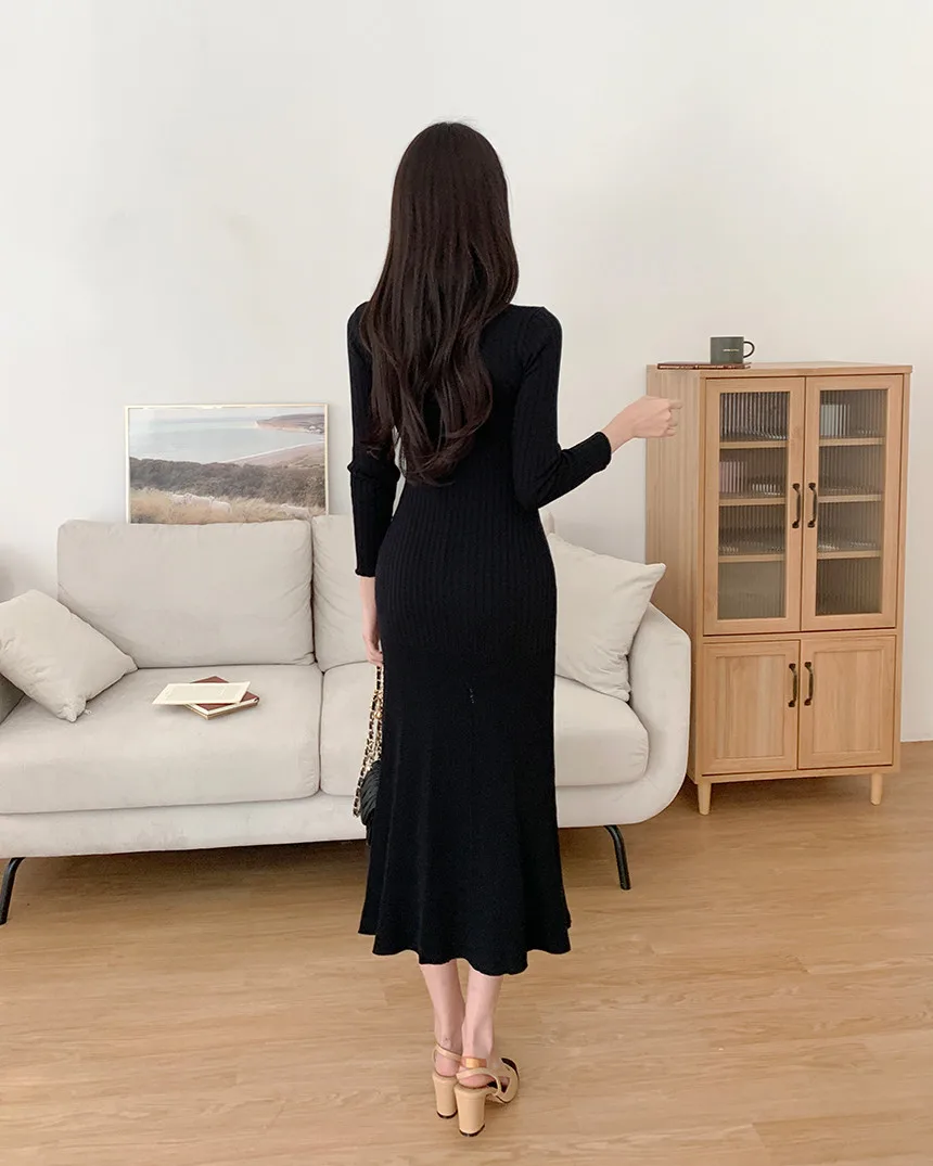 Korean Chic Knitted Dresses for Women V-neck Long Sleeve Slim Bodycon Ruffles Party Dress Casual Autumn Winter New Vestidos