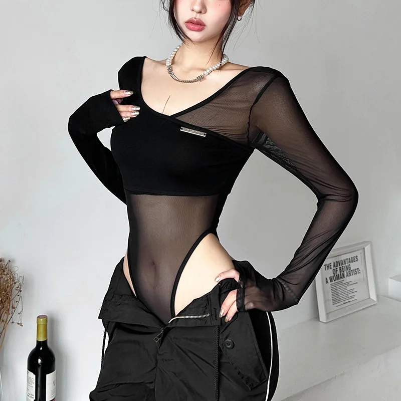 Black See Through Bodysuit Lingerie Sexy Long Sleeve Lenceria Femenina V-Neck One-Pieces Body Feminino Backless Tops For Women