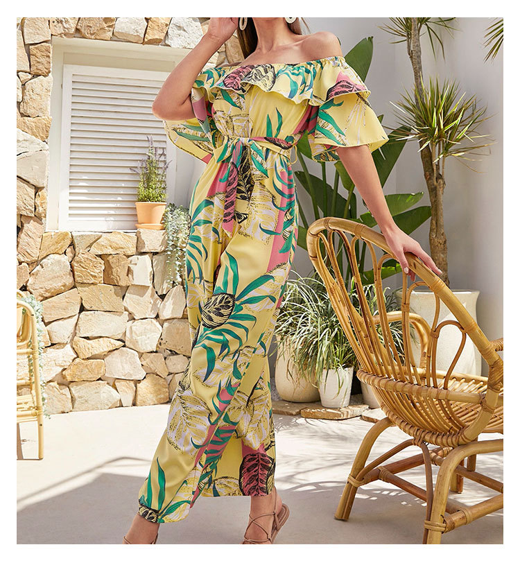 Women Clothing Fashion off-Shoulder Floral Jumpsuit Summer Short Sleeve Chiffon Vacation Beach Jumpsuit