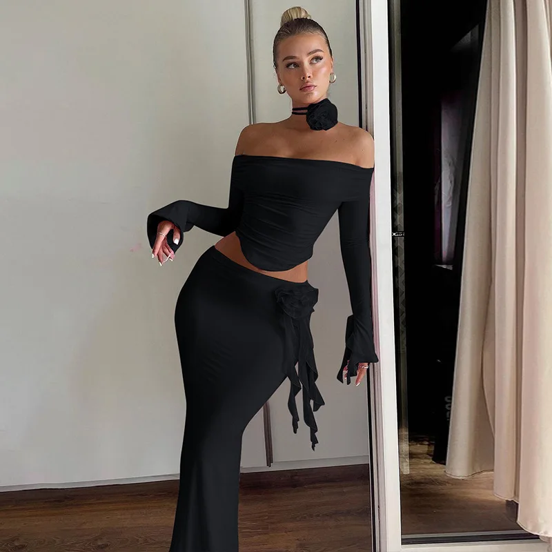 Winter New Sexy Long Sleeved Half Skirt Set For Woman 3D Flower Slim Tight Long Skirt Party Evening Dress Two Piece Set
