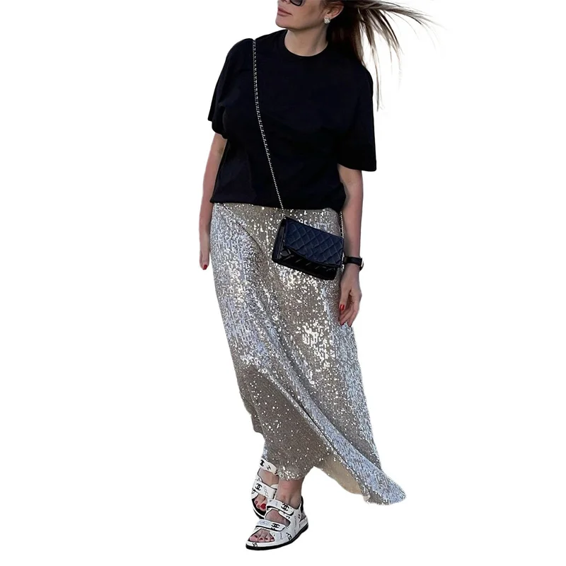 Sequin Long Skirts for Women Solid Color Elastic High Waist Skirt Fashion Elegant Ladies Evening Party Skirt Clubwear