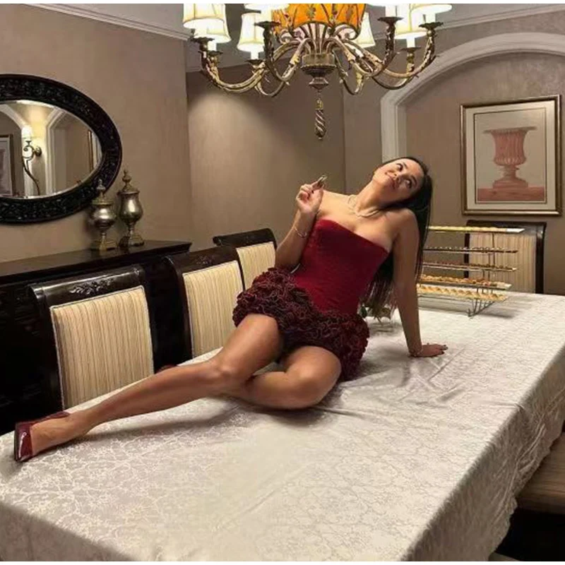 Christmas Red 3D Flowers Skirt Suit Women Bandage Adjustable Tube Top Floral Short Skirt Set Lady Party New in Matching Outfits