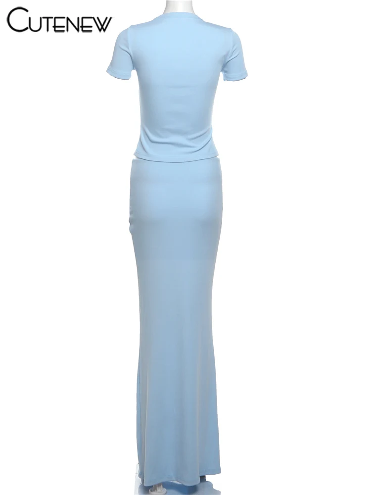 Casual Women Skirts Sets Concise Solid Short Sleeve O-neck Crop Tees+Matching Maxi Bottoms Female Trend Street 2 Piece