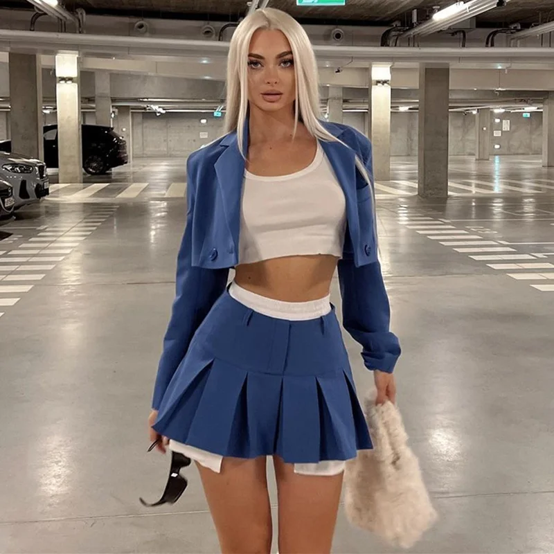 2025 Fall Women Blazer Suit Two Piece Sets Turn-down Collar Blazers Tops And Pleated Skirts Femme High Street Y2K Outfits