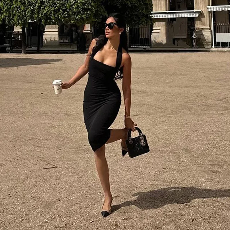One-Shoulder Bodycon Black Evening Dress For Women Sexy Backless Sleeveless Neck-Mounted Long Party Dress Female Elegant