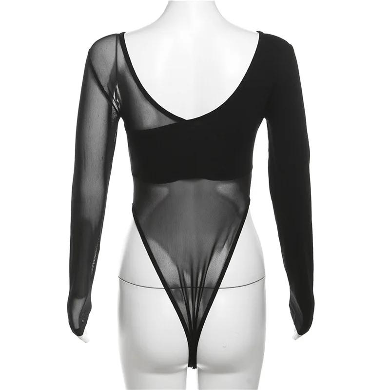 Black See Through Bodysuit Lingerie Sexy Long Sleeve Lenceria Femenina V-Neck One-Pieces Body Feminino Backless Tops For Women