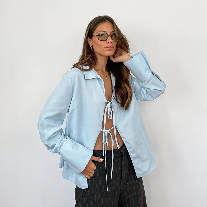 Women's Long Sleeve Shirt Hollow Lace Up Solid Color Casual Fashion Top Commuting Patchwork Women's Shirt Cardigan Top