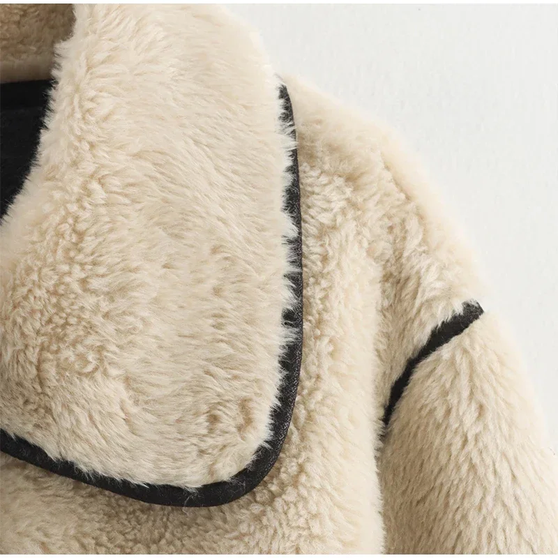Fashion Beige Faux Fur Long Coat Women Winter Buttons Lapel Long Sleeve Lamb Fleece Jacket 2025 New Lady Loose Street Outerwear