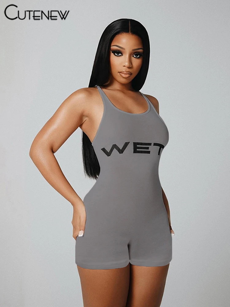 Letter Print Playsuits Women Concise Casual Summer Tank Style O-neck Slim Rompers Female Sporty Style Basic One Piece