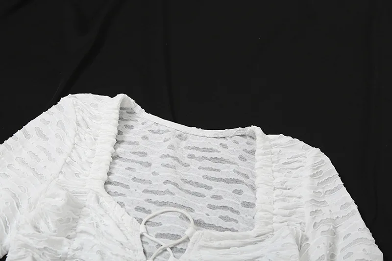 Autumn Fashion Ruffled T-shirt Cropped Top Female Hollow Out Lace-Up Patchwork Loose Outwear White Women Bandage Tee Coat