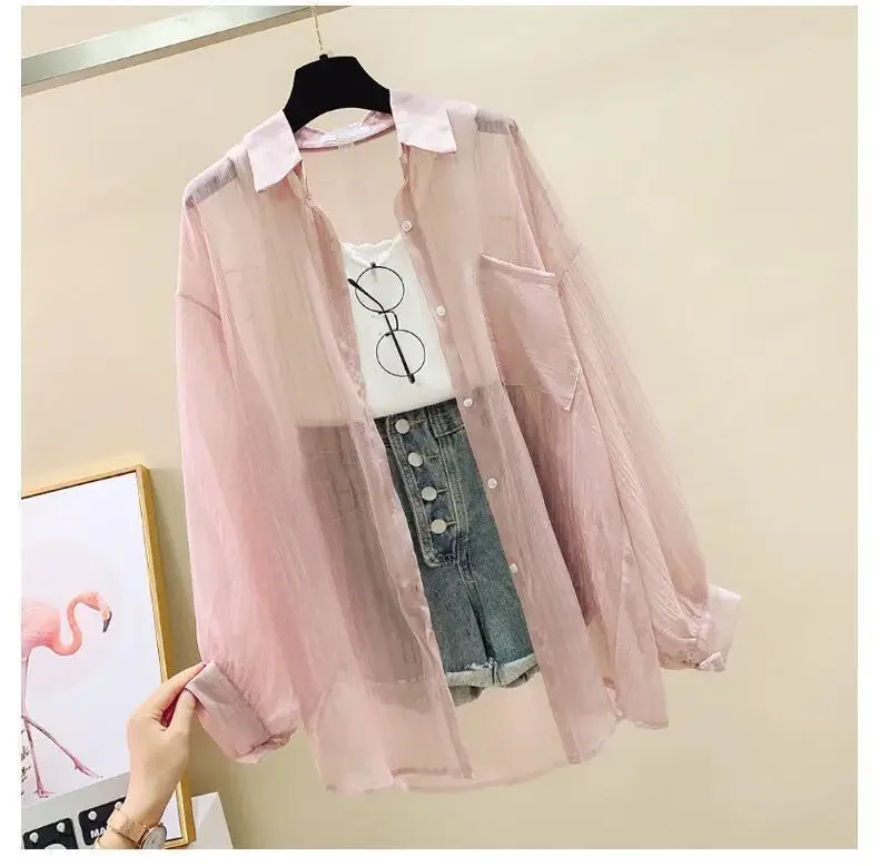 Women Elegant Long Sleeve Perspective Sheer Sunscreen Chiffon Blouse Korean Fashion Loose Shirt Women Summer Beach Cardigans