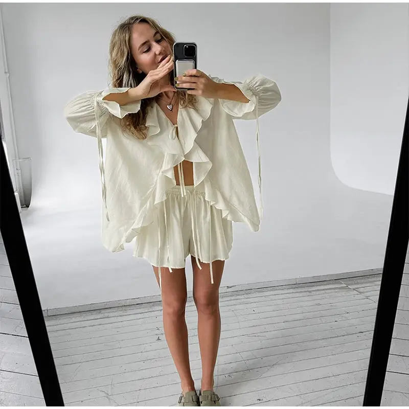 Loose Ruffles Shorts Set For Women 2 Pieces V Neck Hollow Out Shirts Wide Leg Short Pants 2025 Spring Summer Lady White Suit