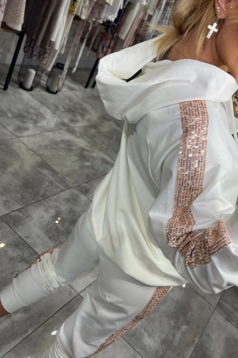 Casual Sequin Pocket Sports Hooded Sweatshirt Sweatpants Suit