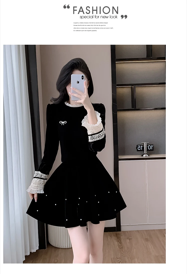 Autumn Elegant Velvet Two-piece Skirt Set Women Long Sleeve Lace Patchwork Crop Top Mini Skirt Korean Fashion Y2K Chic Outfits