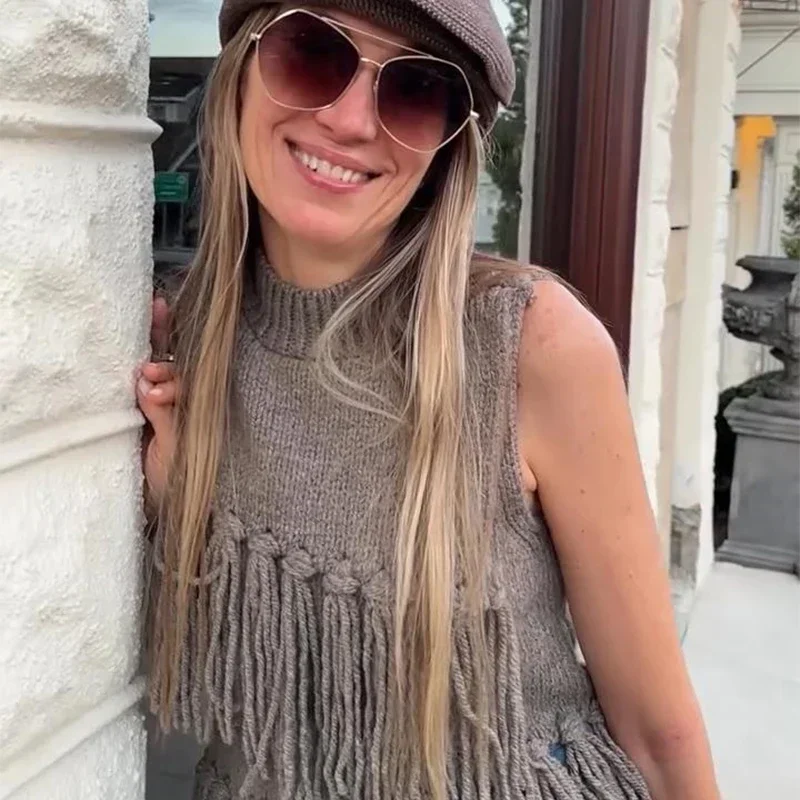 Street Tassel Knitted Vest Sweater For Women Half-high Collar Sleeveless Slim Fit Tank Top Female 2025 Spring Lady Soft Outwear