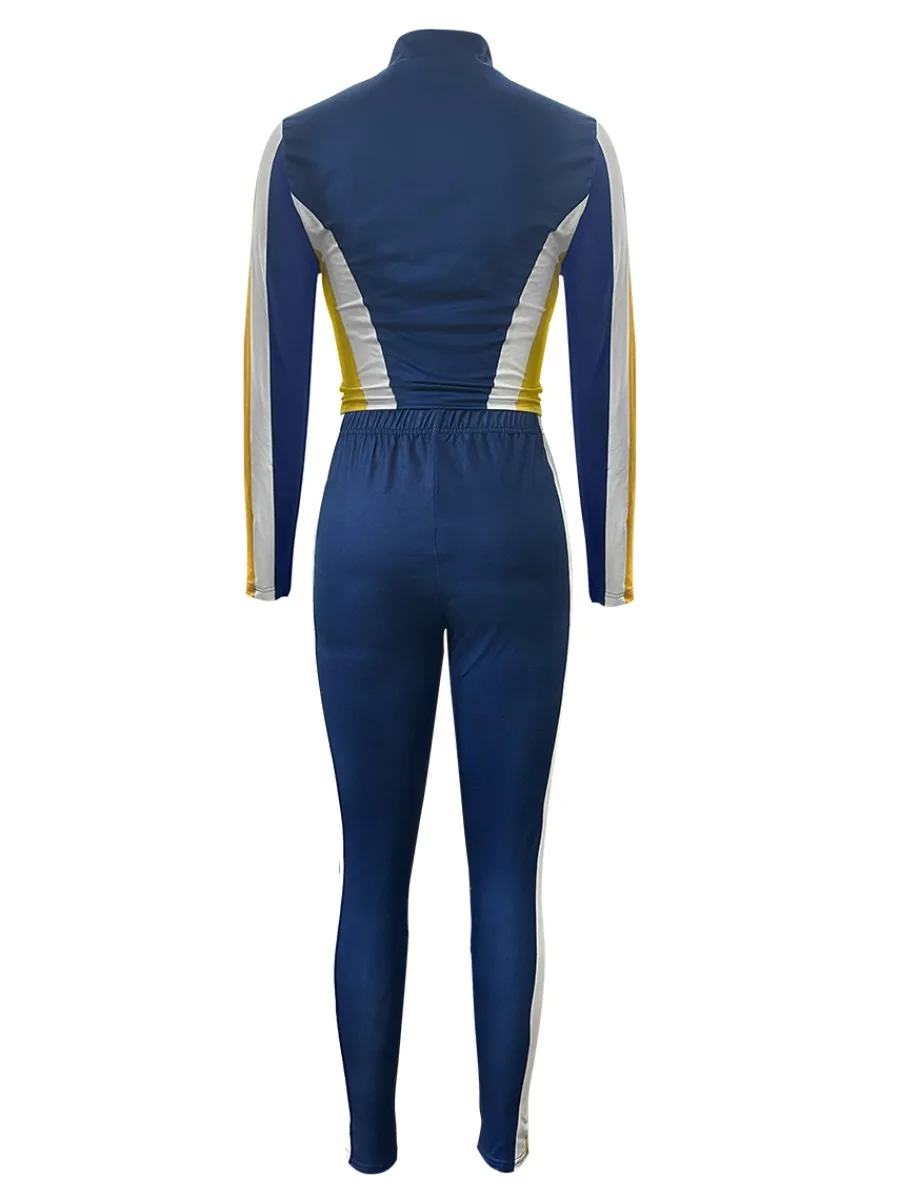 Plus Size Zipper Design Patchwork Pants Set Women Color Block Mandarin Collar Tracksuits Long Sleeve Two Pieces Outfits