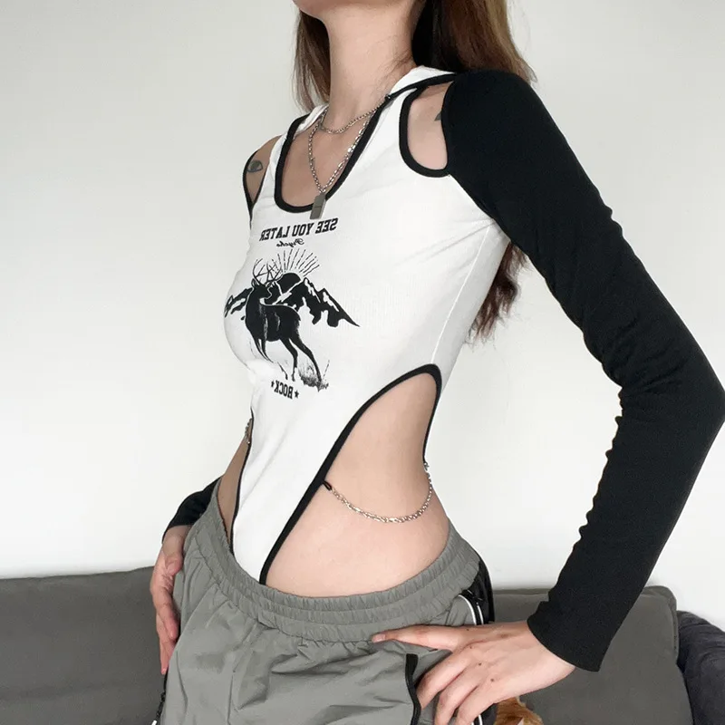 Print Bodysuit Off Shoulder Hooded Corset Tops Women Festival Clothing Lingerie Sexy One-Pieces Rave Outfit Chain Body Feminino