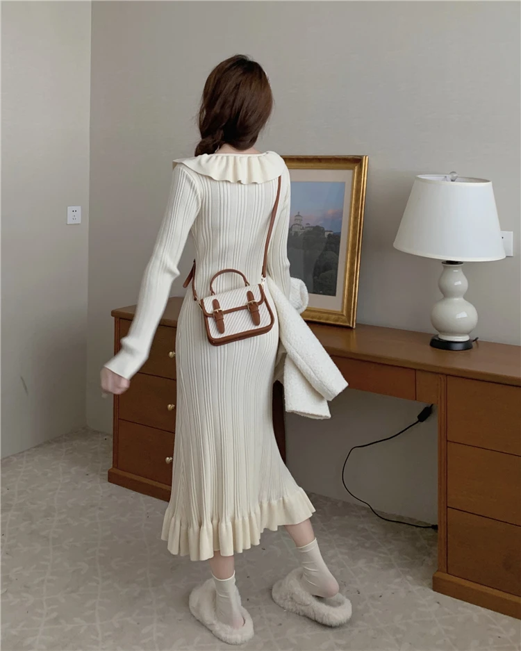 Autumn Knitted Dresses for Women Ruffles V-neck Solid Bodycon Casual Solid Midi Dress Korean Fashion Vestidos Mujer New Knitwear