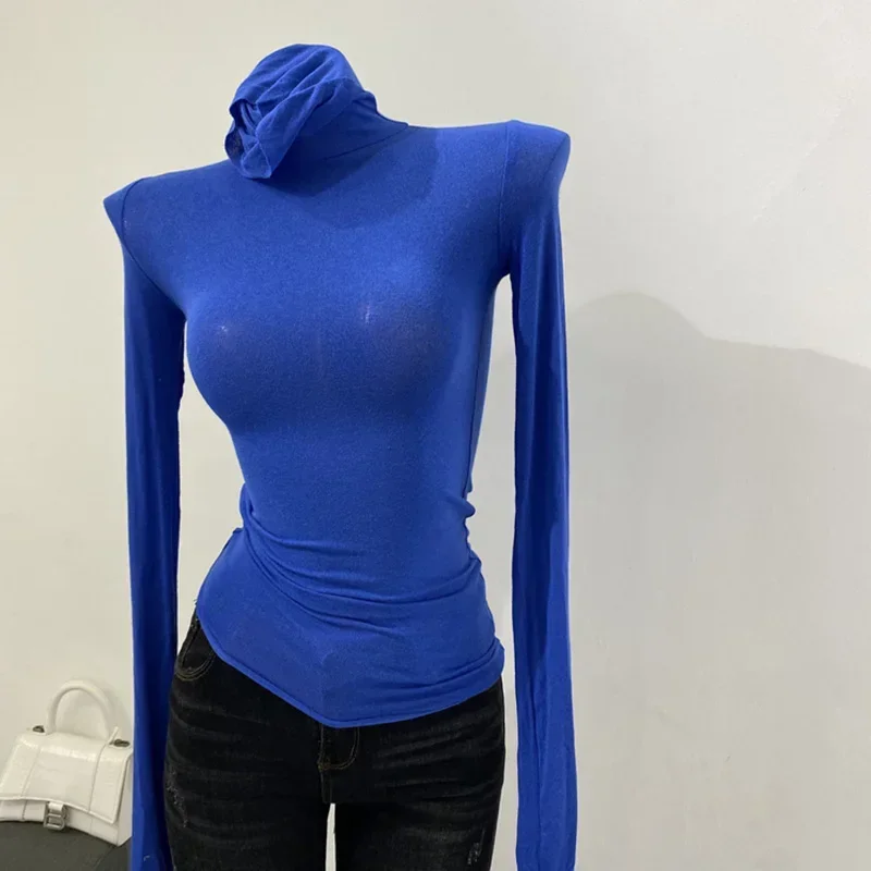 Thin Soft American Long Sleeve T-shirt High Stacked Neck Tight Perspective Bottom Shirt Women's Slim Fit Tops Sexy Streetwear