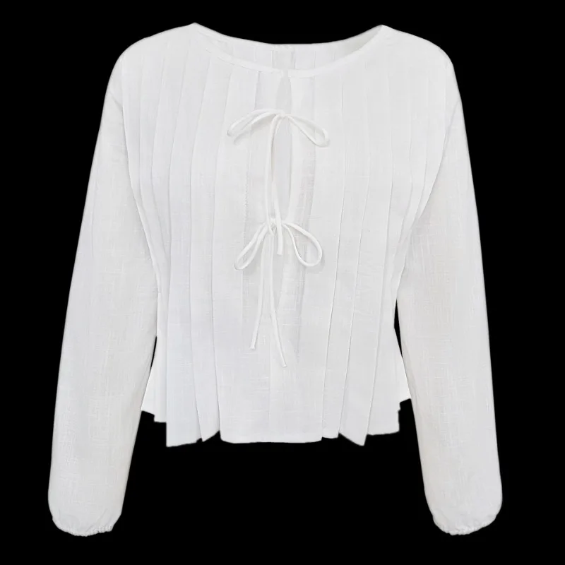 Patchwork Fashion Lace-Up Shirts Top For Women Hollow Out Casual Bandage Solid Elegant Long Sleeve Top Female Cropped Tee