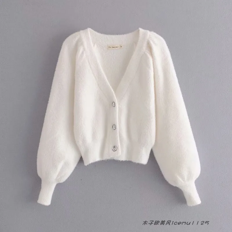 Women's 3-piece Set Korea Style White Cardigan Furry Single-breasted Button Tank Top Knitted Sweater Jumper Shorts Pants Set