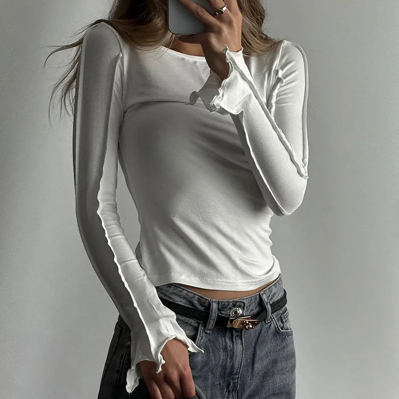 Fashion Patchwork Inner T-shirt Top For Women High Waist Solid Slim Casual Irregular Ruched Streetwear Female Commute Tee