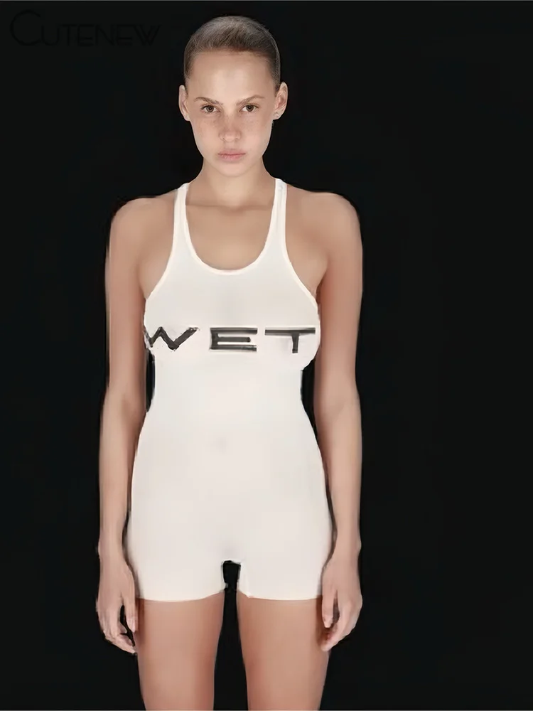 Letter Print Playsuits Women Concise Casual Summer Tank Style O-neck Slim Rompers Female Sporty Style Basic One Piece
