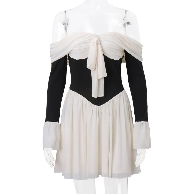 Lace Folds Mini Dress For Women Off The Shoulders Bodycon Splice Sexy Dress Women's Clubwear Fashion Slim Dresses Female