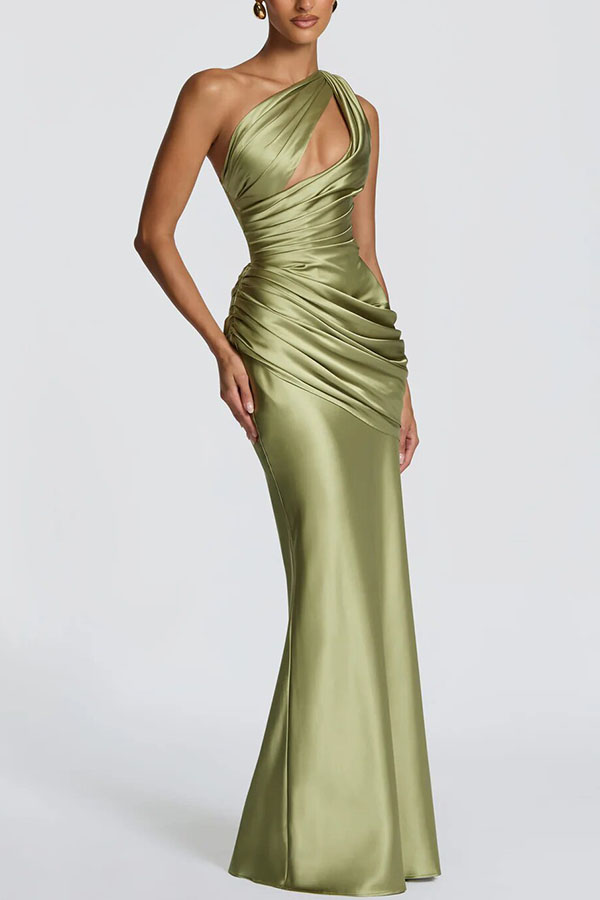 Emina Satin One Shoulder Asymmetrical Neck Cutout Back Lace-up Drape Maxi Dress