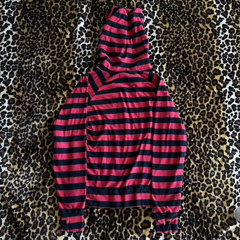 Y2K Grunge Cyber Scene Striped Zip Up Hoodies E-girl Gothic Emo Mall Goth Sweatshirts 2000s Retro Harajuku Jackets Coat Outfits