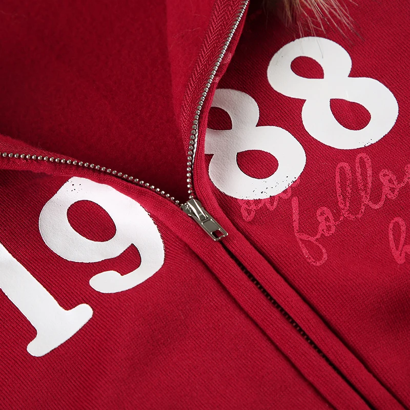 Y2K Fur Trim Hooded Sweatshirt Red Letter Print Zipper Coat with Pocket Women Streetwear Winter 90s Outwear Vintage