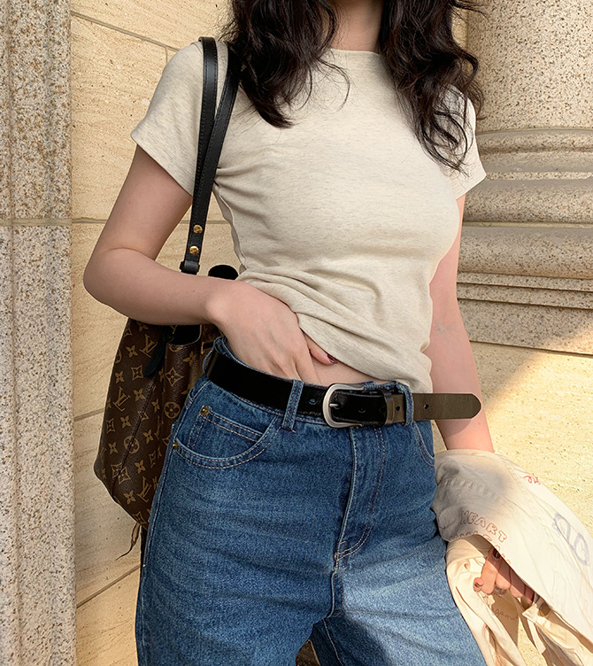 White T shirt Women Shoulder Short Sleeve Slimming round Neck Cotton Bandage Dress Bottoming Top