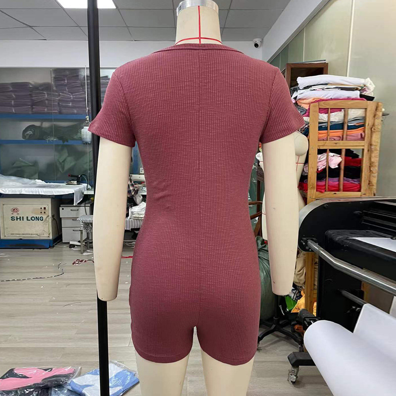 Women Jumpsuit Short Sleeve Knitted Slim Fit Zipper Hip