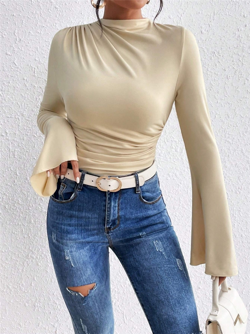 Autumn Winter Pleating Bell Sleeve Stand up Collar Slim Fit T shirt