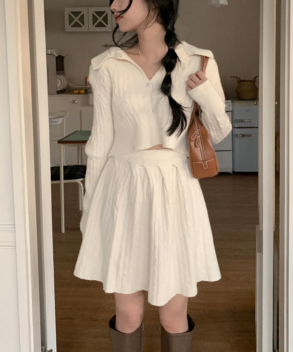 Korean Fashion Two-piece Set Women Pullover Turn-down Collar Crop Top Mini Skirt Solid Casual Suit Autumn New Knitwear Outfits