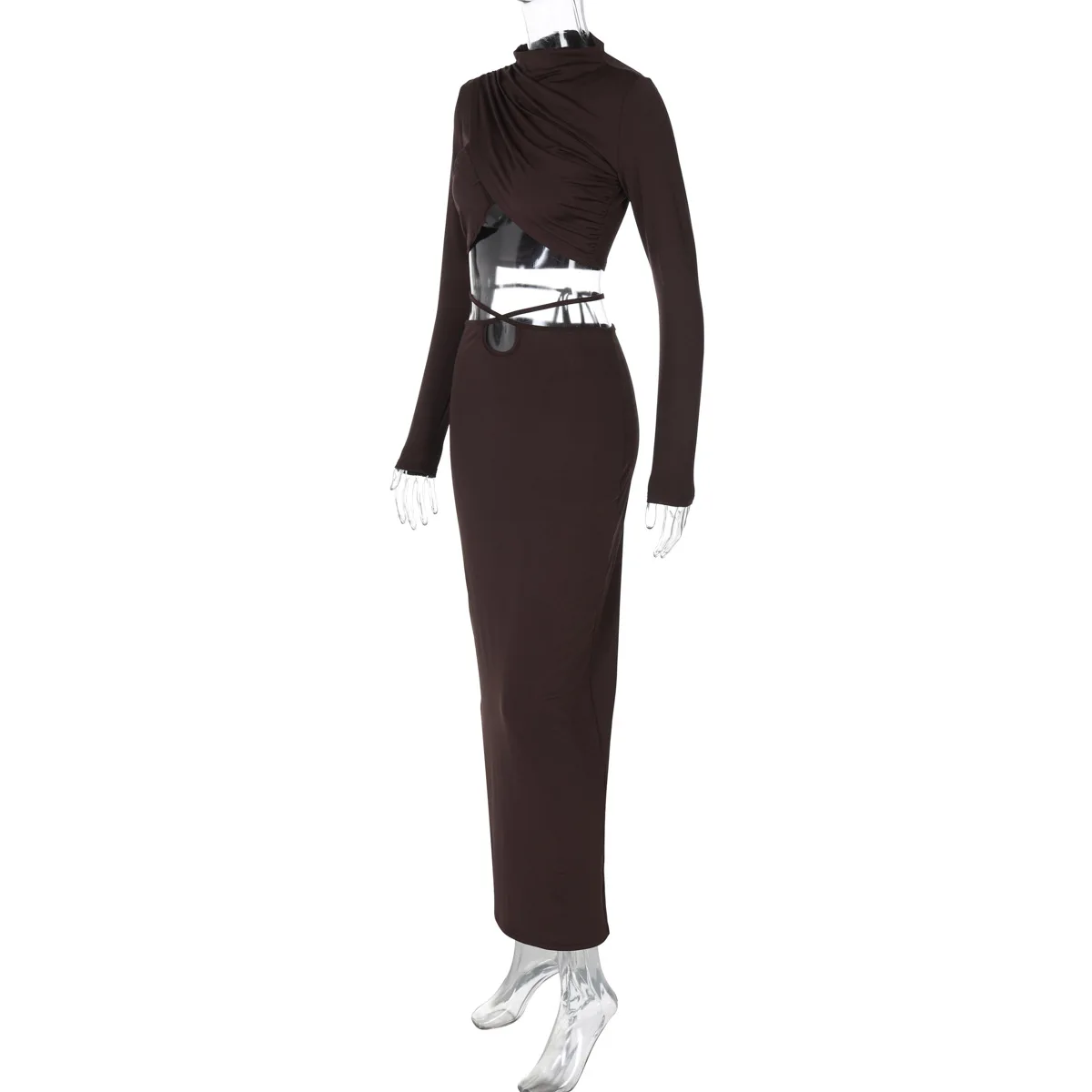 Fall New Skirts Suit Solid Color Long Sleeve Crop Top Twist Ruched Slim Lace Up Sexy Navel Exposed Skirt Matching Sets