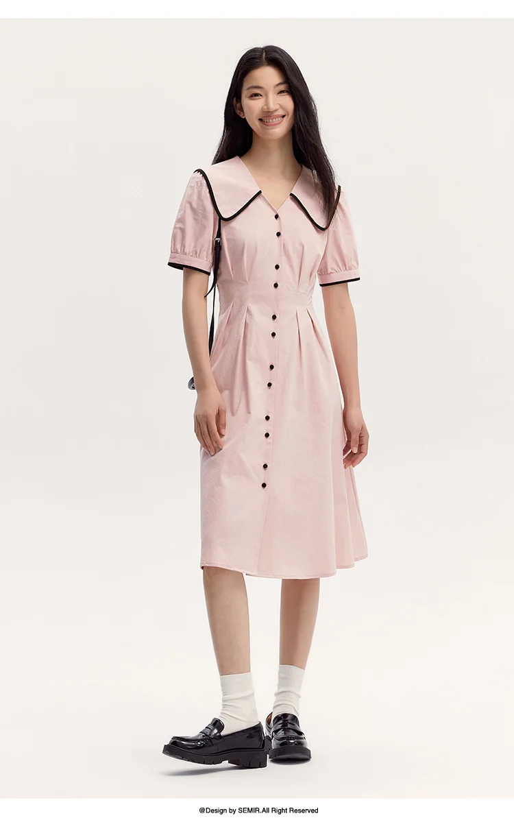 Dress Women Pure Cotton Puff Sleeves Dress Summer New Color-Block Large Lapel Mid-Length Dress College Style