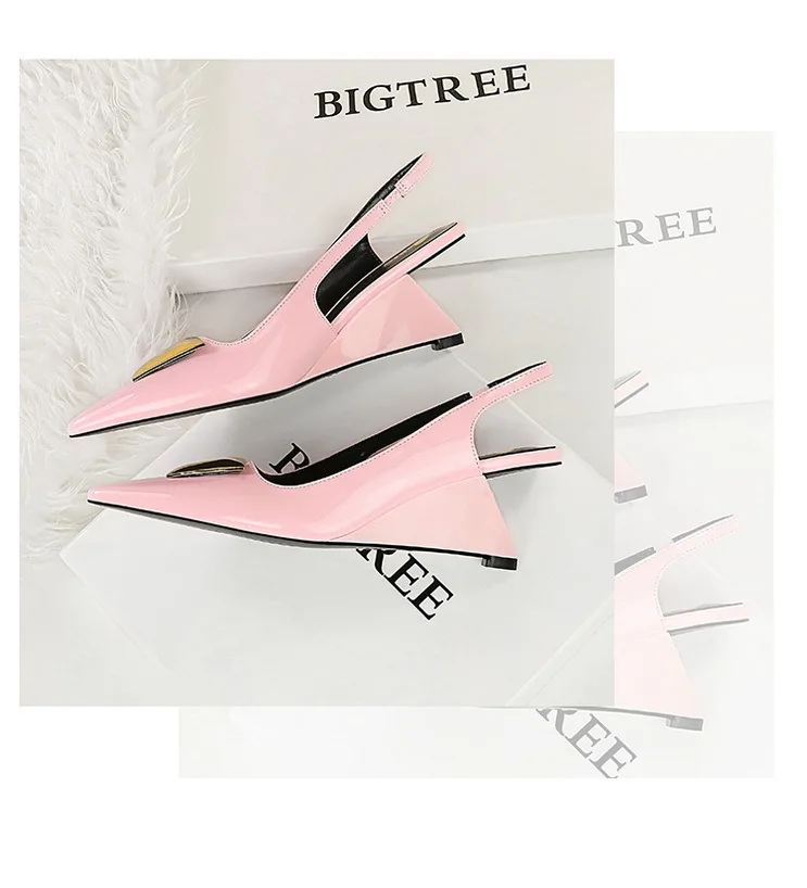 Patent Leather High Heels Wedges Shoes Lady Trendy Pumps Pointed Toe Hollow Back Strap 6.5 Cm Women Sandals White Heels Shoes