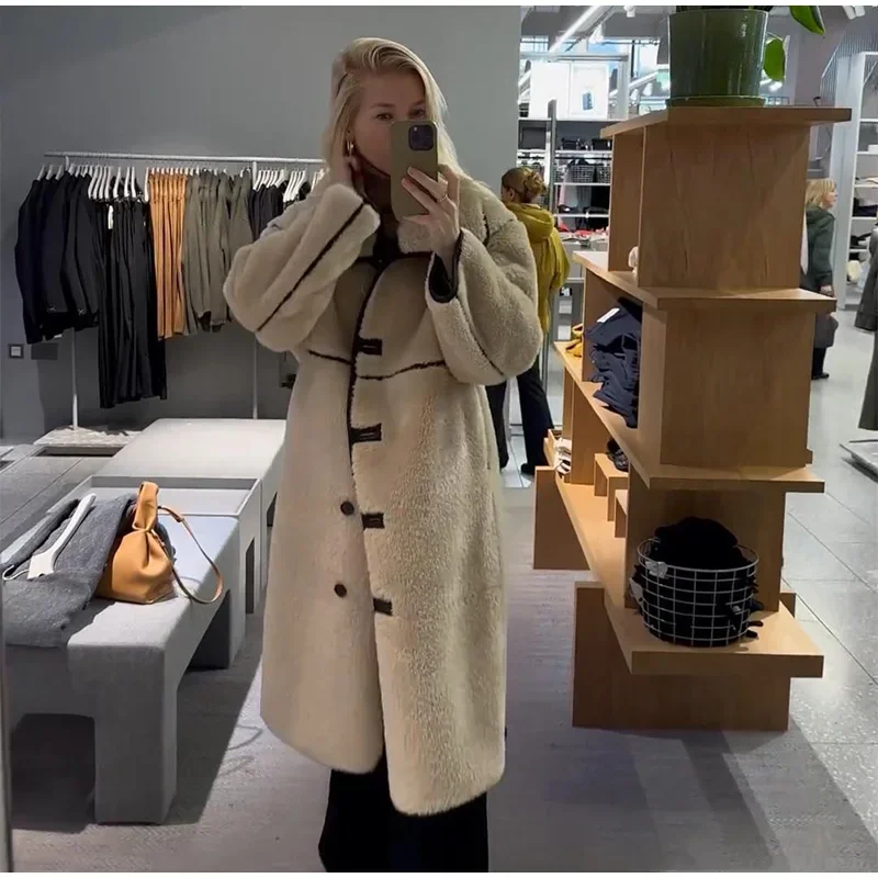 Fashion Beige Faux Fur Long Coat Women Winter Buttons Lapel Long Sleeve Lamb Fleece Jacket 2025 New Lady Loose Street Outerwear