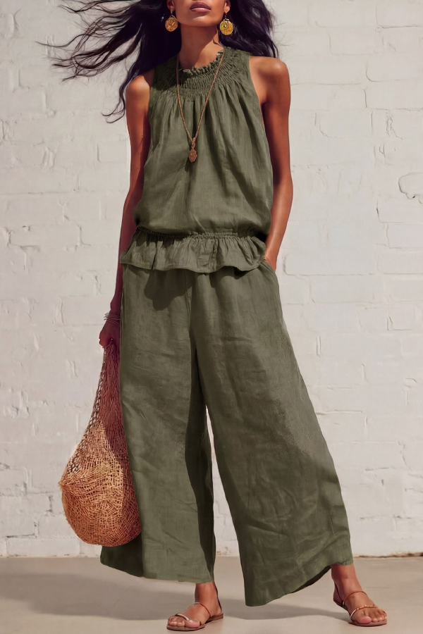 Linen Blend Round Neck Sleeveless Ruffled Top and Elastic Waist Casual Pocket Wide-leg Pants Set