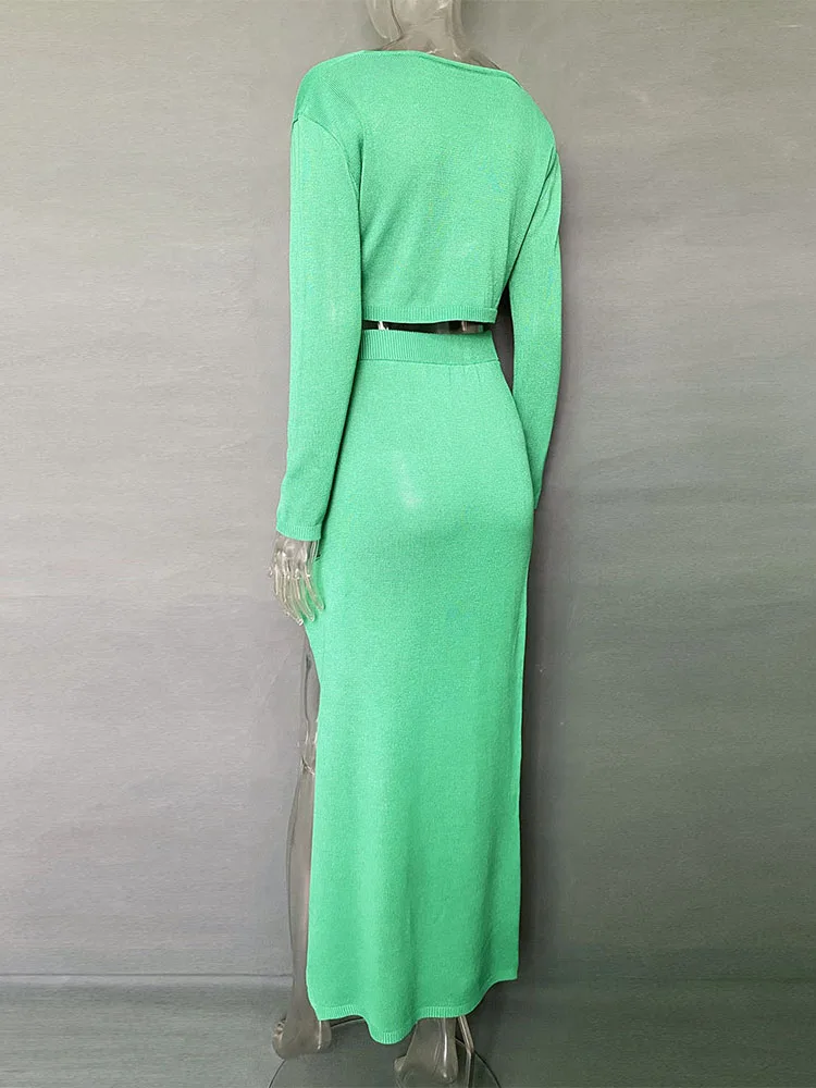 Knitted Cover Up 2 Piece Outfits Hollow Out Crochet Knitted Suit Party Dresses Women 2 Piece Matching Set with Midi Skirt