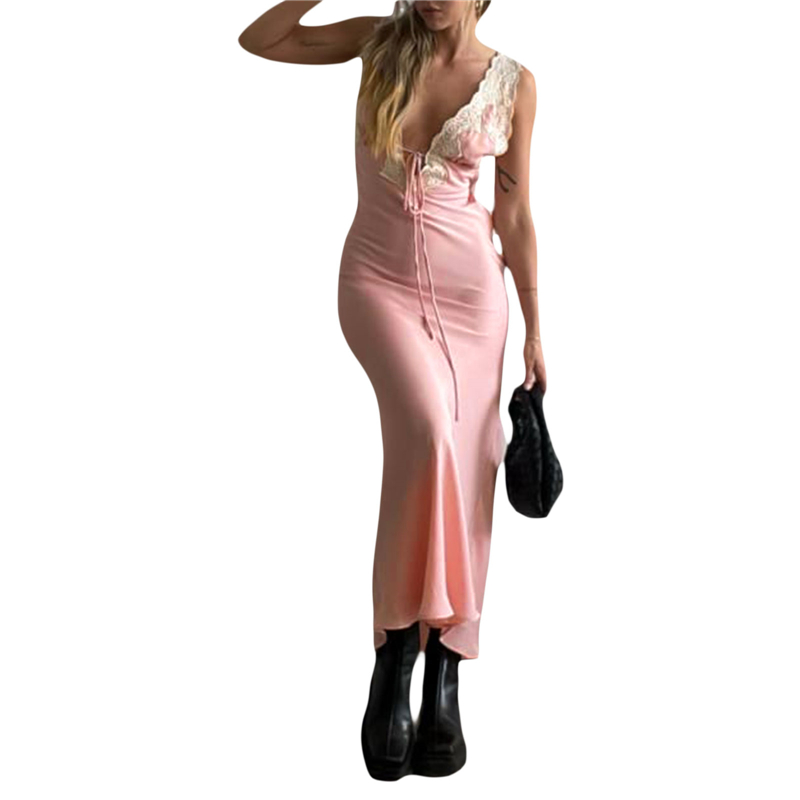 Lace Trim Dress for Women Floral Print V Neck Sleeveless Bodycon Dress Sexy Backless Cocktail Party Dresses y2k Clothes