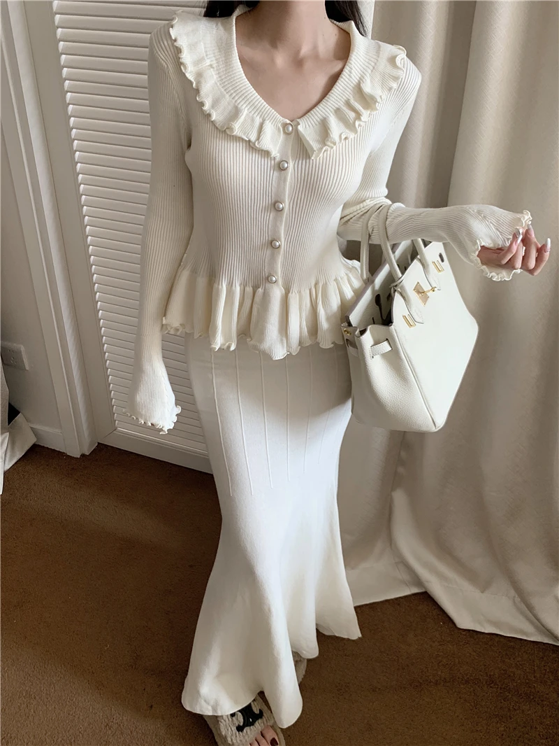 Autumn Winter Knitted 2-Piece Sets Women Ruffles Tops Bodycon Fishtail Skirt Slim Solid Knitwear Outfits Korean Fashion Suit