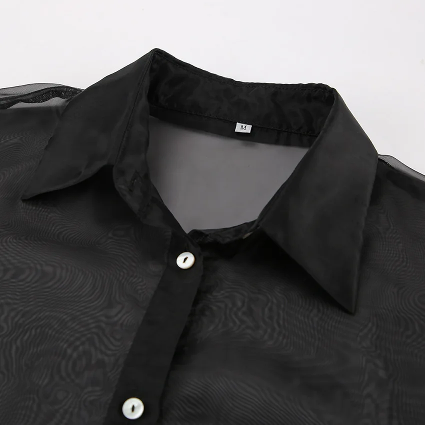 Mesh See-through Lace-Up Shirt Women's Sexy Long Sleeve Tops Fashion Solid Color Casual Streetwear Women's Shirt Tops