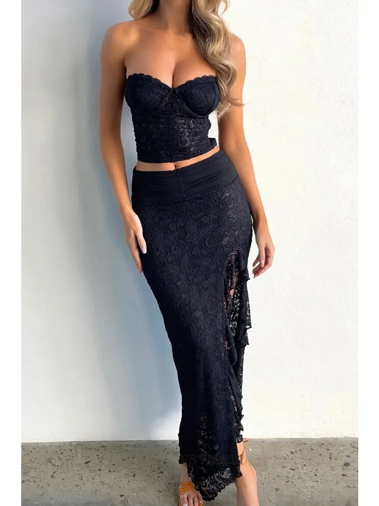 White Ruffled Mesh 2 Piece-Set Long Skirt Women Sexy Backless Cropped Top And Side Split Maxi Skirt Sets Summer Outfits