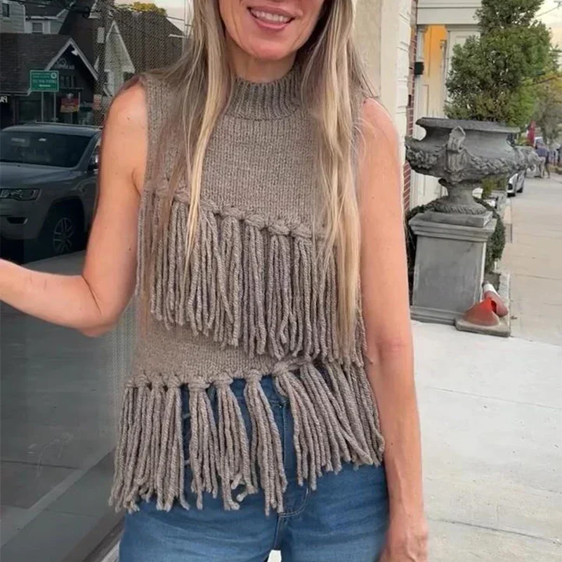 Street Tassel Knitted Vest Sweater For Women Half-high Collar Sleeveless Slim Fit Tank Top Female 2025 Spring Lady Soft Outwear