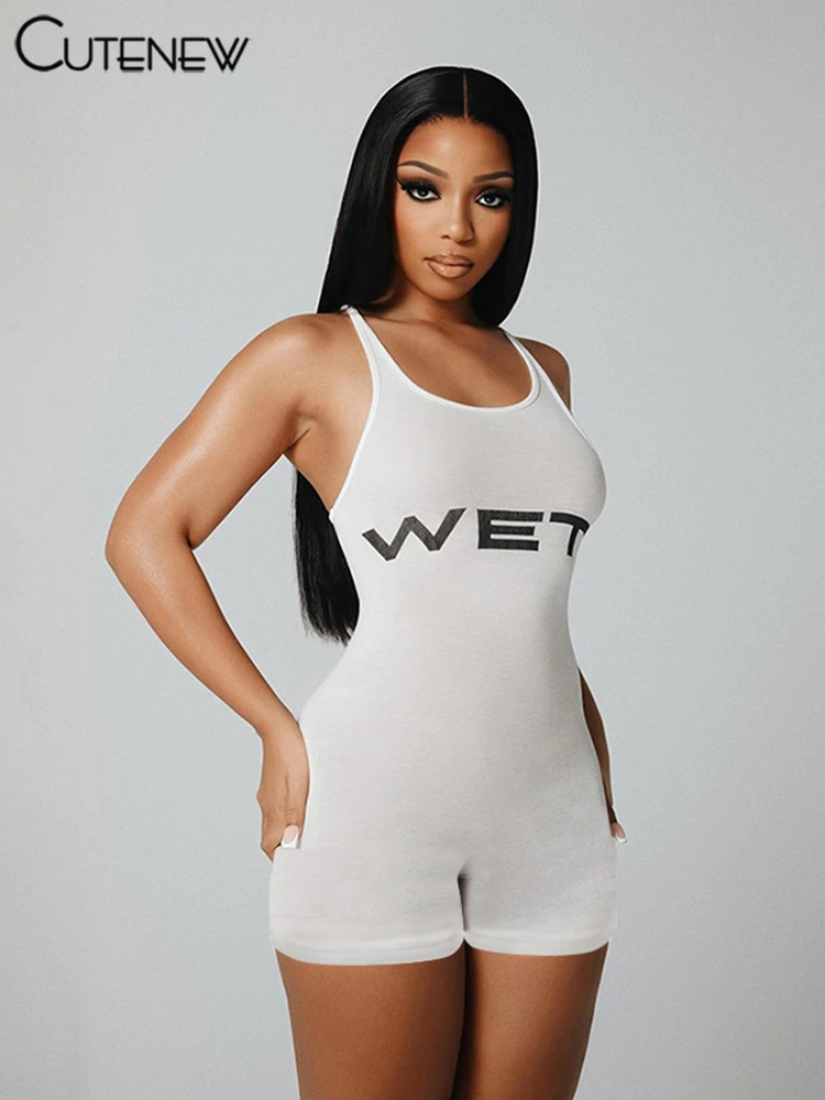 Letter Print Playsuits Women Concise Casual Summer Tank Style O-neck Slim Rompers Female Sporty Style Basic One Piece